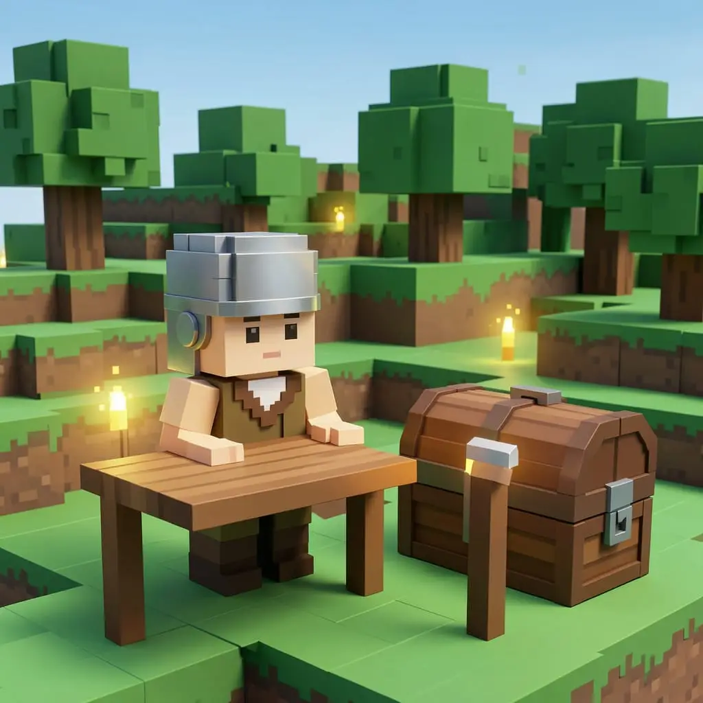 alt="Printable block-world survival challenge game card featuring a cartoon character.The background shows a vibrant, pixelated 3D block world with green grass hills and a wooden chest."
